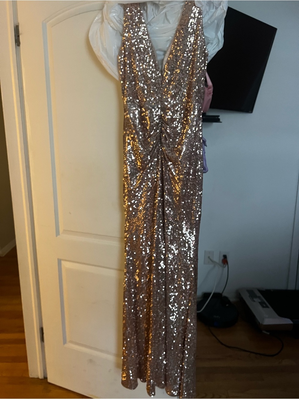 Sequin V-Neck Maxi Dress in Rose Gold